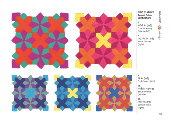 Some colour combinations for Rangoli Dhulichitra book page layout showing different colour combinations for the same floor design