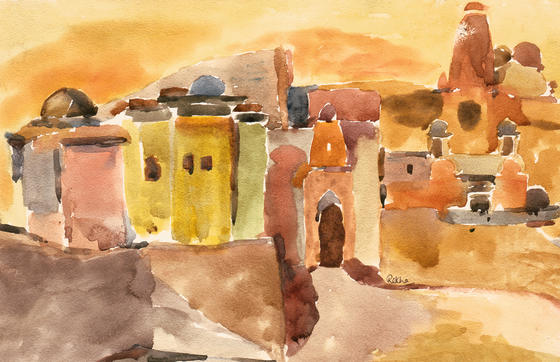 Painting of a historical town in Rajasthan at sunset, in dominant orange and yellow hues