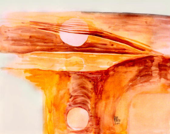 Abstract painting of the setting sun, with its reflection in the lake below, in yellows and reds