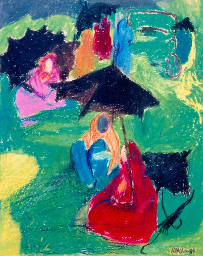 Pastoral Allure 01 Composition of rural women shielded by umbrellas, sitting on the ground, selling fodder for cattle