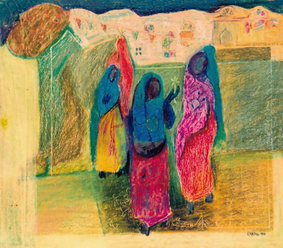 Pastoral Allure 08 Rural women in dark complexion wearing colourful clothes, amidst fields and a wall with pictographs