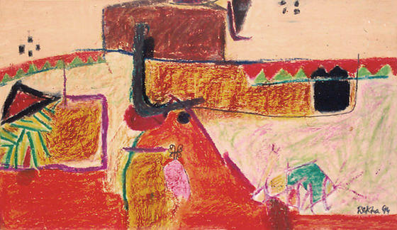 Pastoral Allure 10 Abstract composition in saffron, orange and yellow, with contours depicting huts, fields and doors