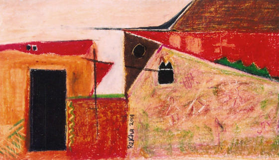 Pastoral Allure 11 Textured composition in saffron, orange and yellow, with contours depicting huts, fields and doors