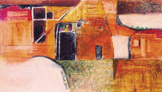 Pastoral Allure 12 Composition in saffron, orange and yellow colours, with contours depicting huts, fields and doors