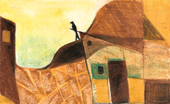 Pastoral Allure 14 Composition in earth and brown colours, of a Black Drongo perched on rural huts (like a watchman)