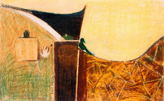 Pastoral Allure 16 Composition in earth and brown colours, of a Parakeet on rural dwellings and a hand mark on the wall