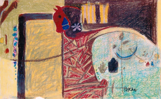 Pastoral Allure 17 Composition in earth, Indian red and green colors, of a horse bracket on a door and some pictographs