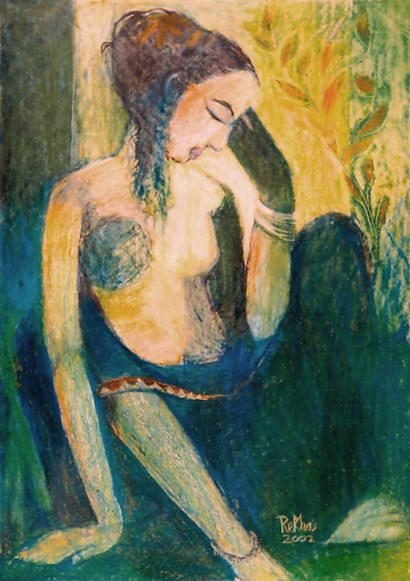 Pastoral Allure 18 Colourful portrait of a lady sitting on floor, engrossed in thought with one hand holding her head