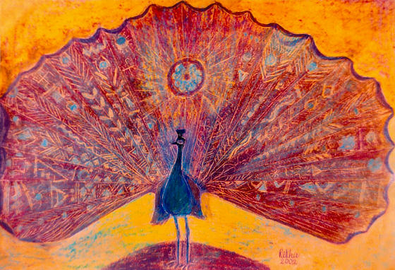 Pastoral Allure 19 A dancing Peacock in yellow ochre, Indian red and blue, with Rajasthani pictographs on its feathers